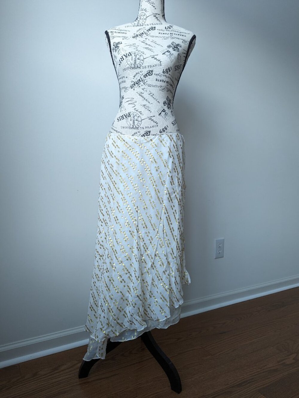 Tibi New York Skirt Size 8 Ivory Gold Sequin Asymmetrical High Low Silk Blend